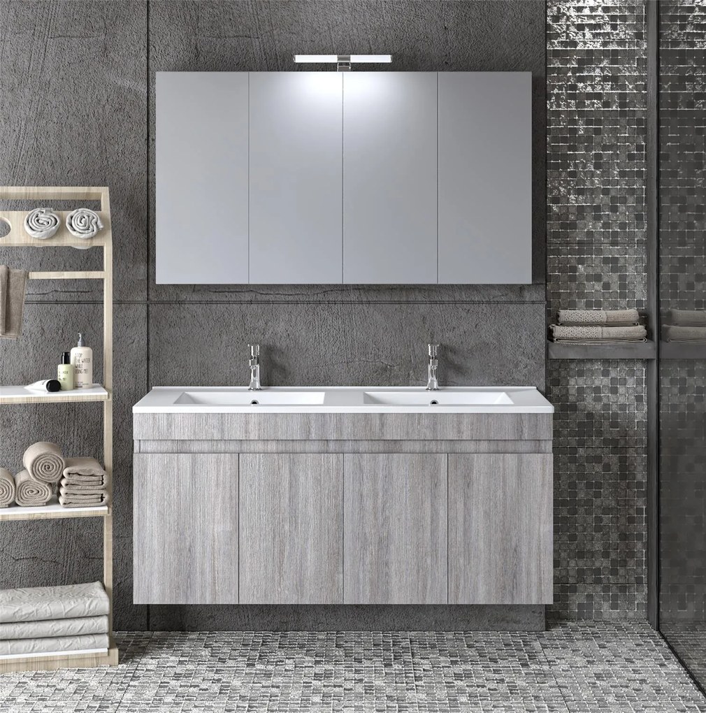 Σετ Έπιπλο Μπάνιου OMEGA 120 Grey Oak με Διπλό Νιπτήρα 120x46x135 εκ.