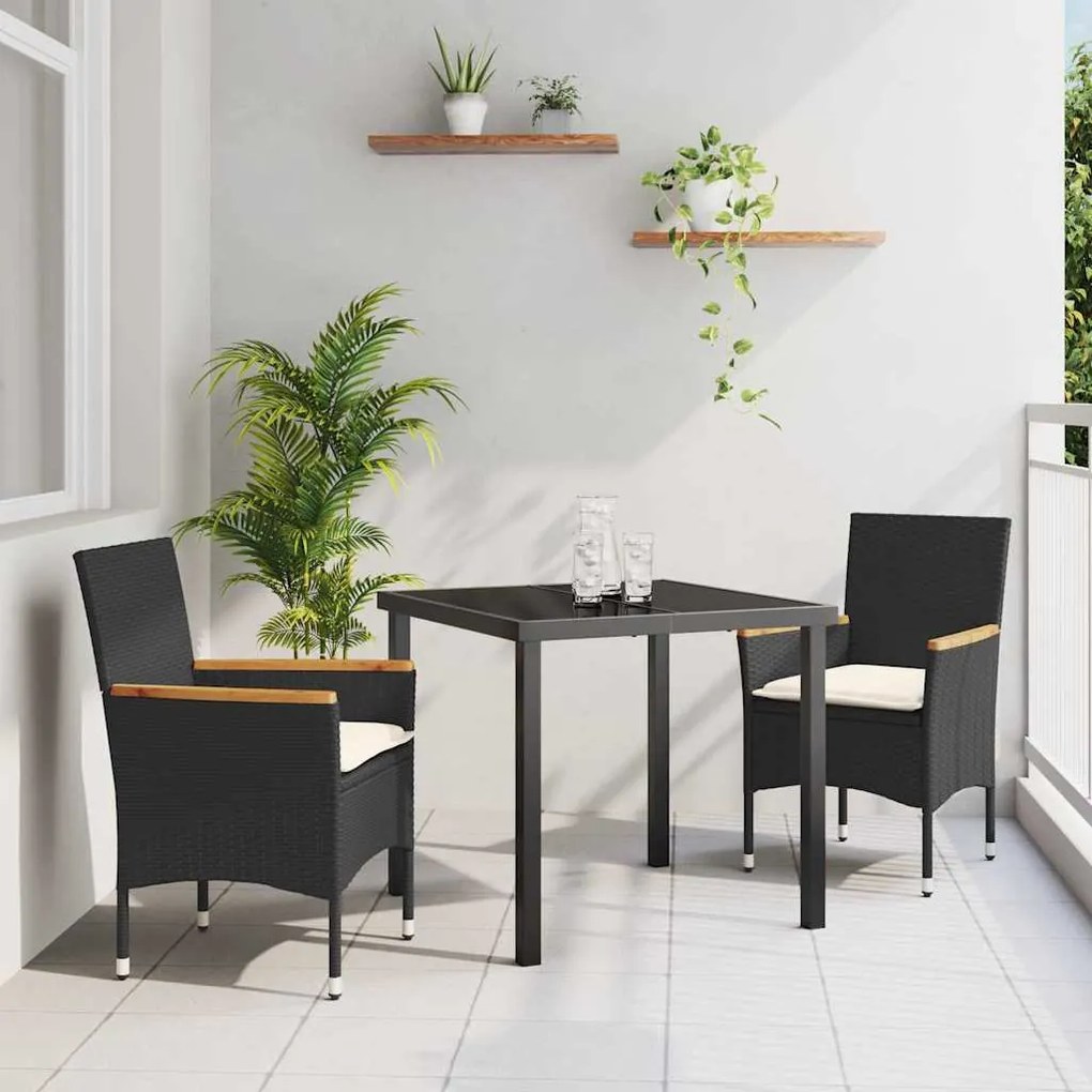 vidaXL Σέτ φαγητού για κήπο με μαξιλάρι 3 pcs Μαύρο Πολυ ράταν