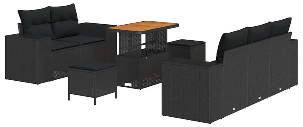 vidaXL Σετ καναπέ κήπου  8 τεμαχίων με μαξιλάρια, μαύρο πολυ rattan ακακία