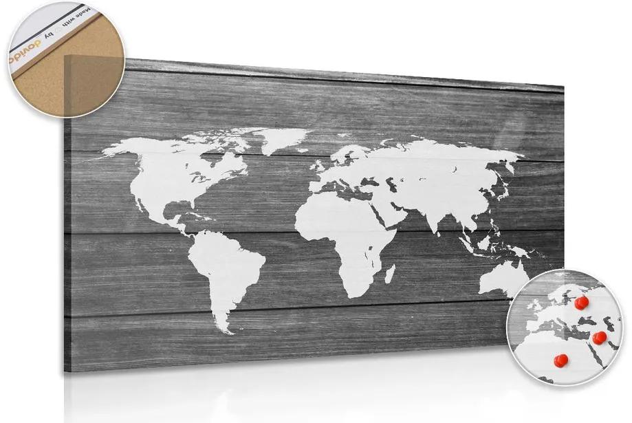 Εικόνα ενός ασπρόμαυρου παγκόσμιου χάρτη φελλού με ξύλινο φόντο - 90x60