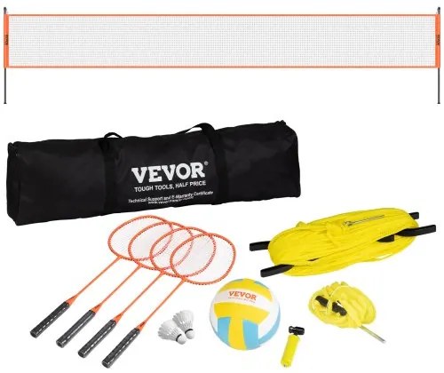 VEVOR Volleyball and Badminton Set, Outdoor Portable Badminton Net, Adjustable Height Steel Poles, Professional Combo Set with PVC Volleyball, Pump, Carrying Bag, Easy Setup for Backyard Beach Lawn