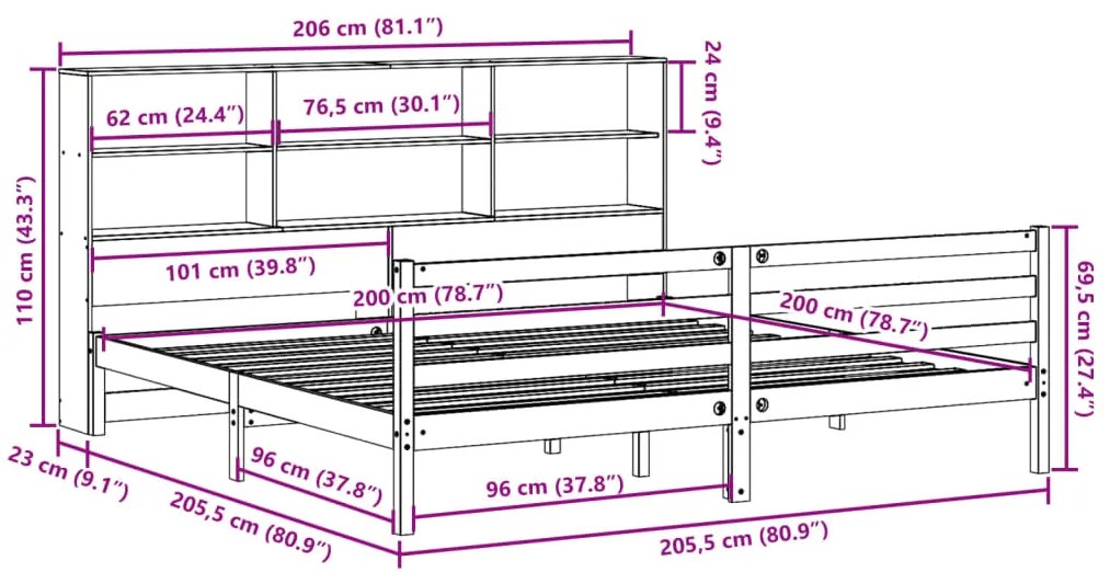 Κρεβάτι Βιβλιοθήκη Χωρίς Στρώμα 200x200 εκ Μασίφ Ξύλο Πεύκου - Λευκό