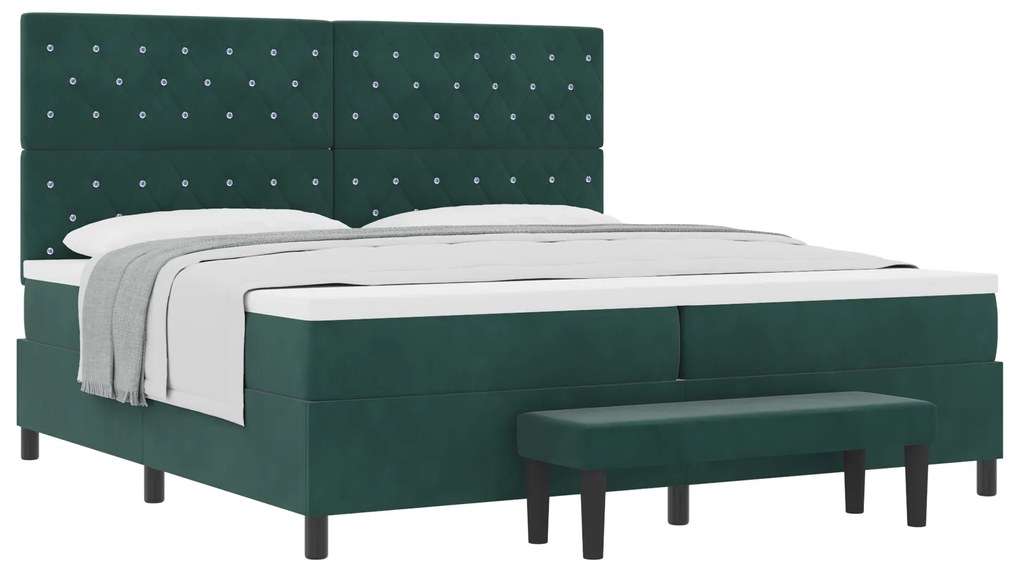 vidaXL Box Spring Κρεβάτι με Μαξιλάρι & Πάγκο Σκούρο Πράσινο 200x200 εκ Βελούδο