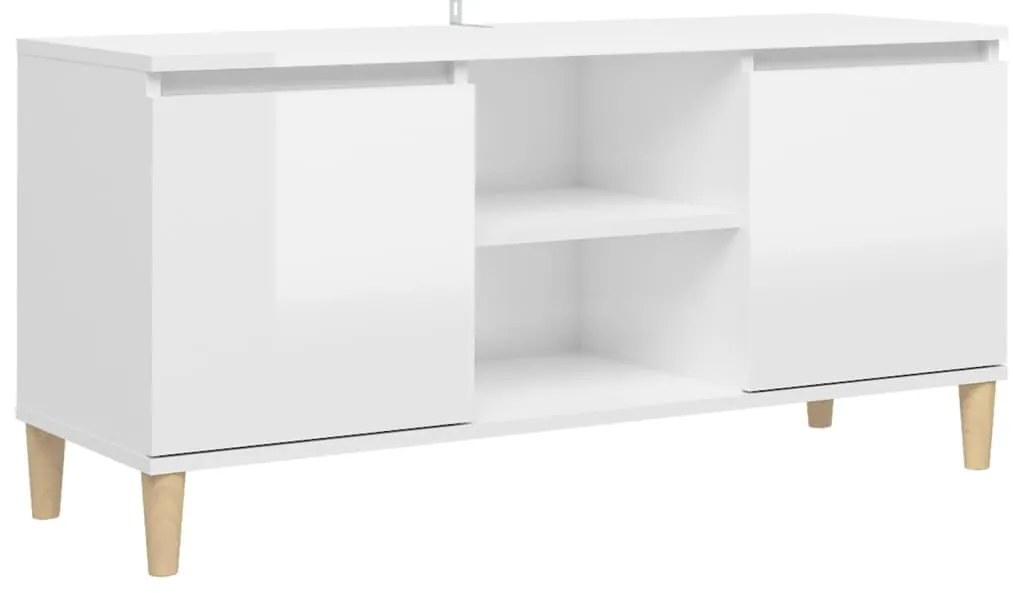 vidaXL Έπιπλο Τηλεόρασης Γυαλ. Λευκό 103,5x35x50 εκ Μασίφ Ξύλινα Πόδια