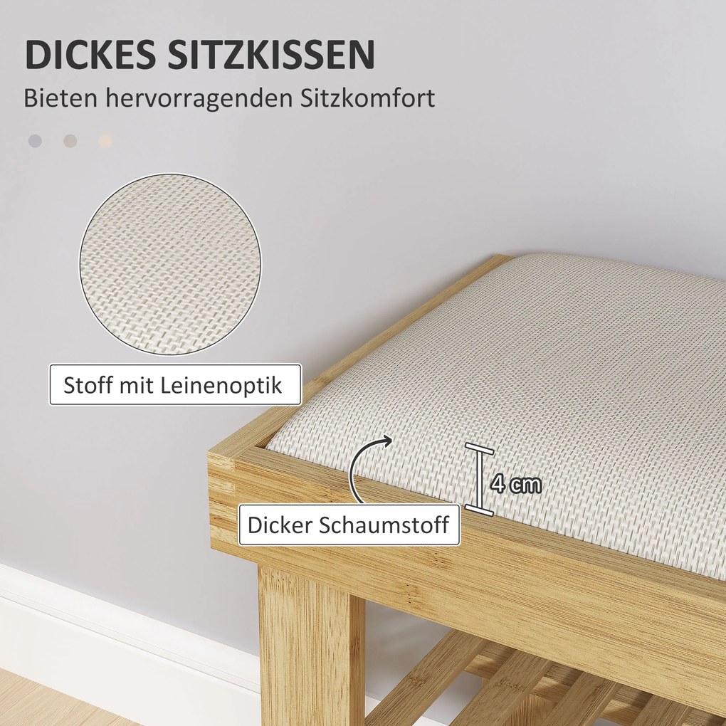 HOMCOM Παπουτσοθήκη με κάθισμα, Μπαμπού πάγκος με αποθηκευτικό χώρο, 2 ανοιχτά ράφια, Πάγκος 60 x 29 x 49 cm Κρεμ Λευκό