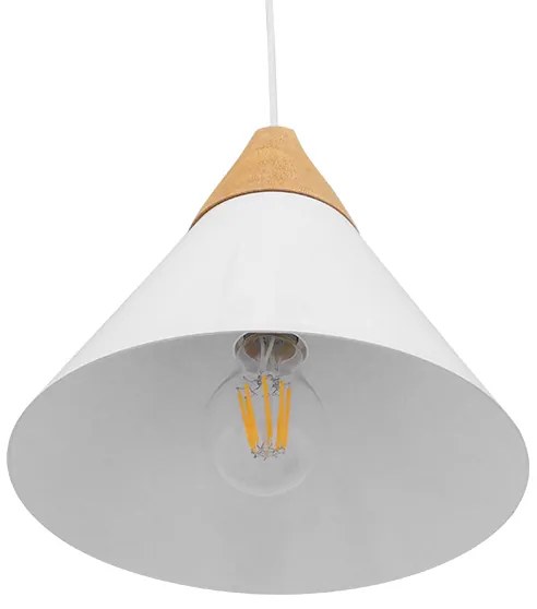 GloboStar® SHADE 00907 Μοντέρνο Κρεμαστό Φωτιστικό Οροφής Μονόφωτο 1 x E27 Λευκό Μεταλλικό με Ξύλο Καμπάνα Φ23 x Υ22cm