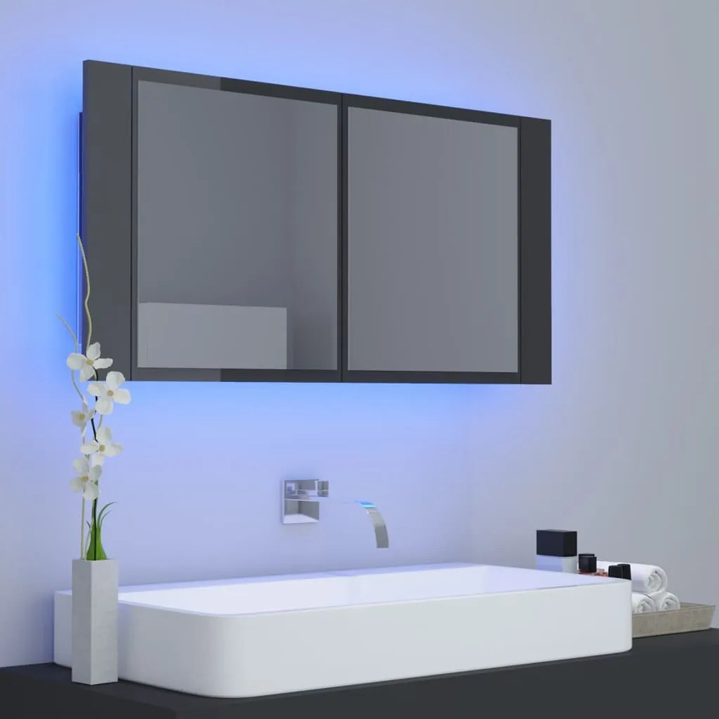 vidaXL Ντουλάπι Μπάνιου με Καθρέφτη & LED Γυαλιστερό Γκρι Ακρυλικός