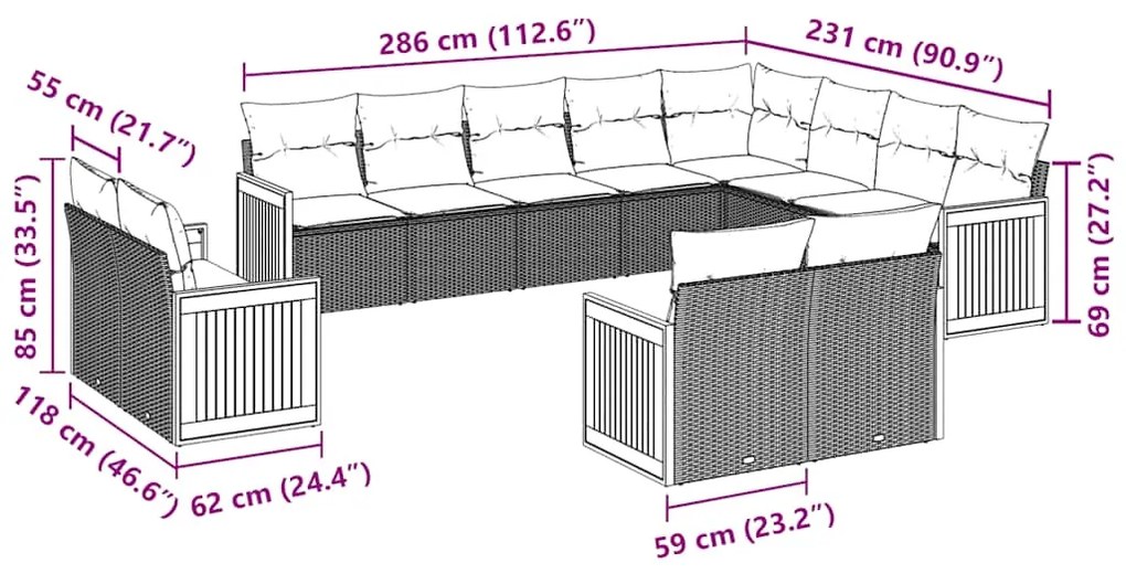 vidaXL Σαλόνι Κήπου 12 Τεμαχίων Μαύρο Συνθετικό Ρατάν με Μαξιλάρια