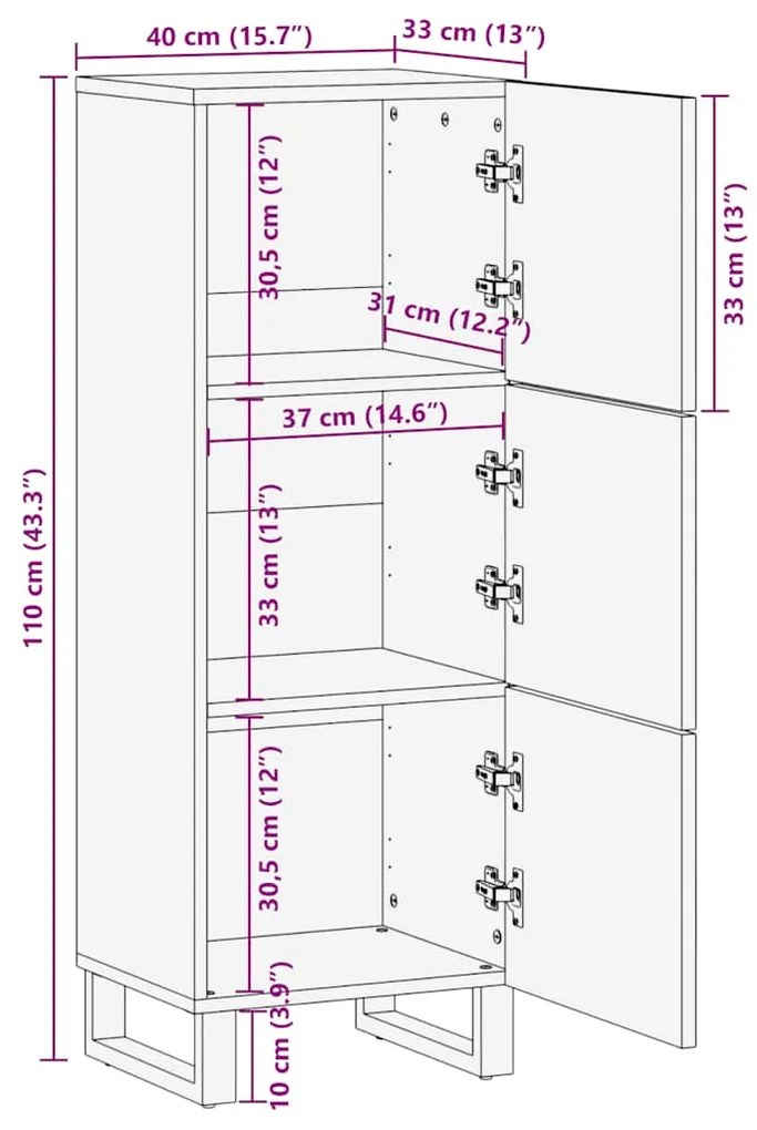 Ντουλάπι Μαύρο 40 x 33 x 110 εκ. από Μασίφ Ξύλο Μάνγκο - Μαύρο