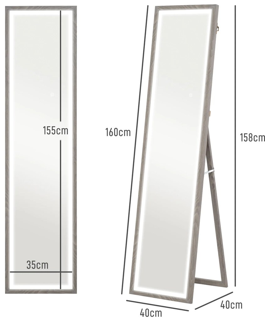 HOMCOM Καθρέφτης LED Ολόσωμος, 40 x 160 cm, Έλεγχος αφής, Ρυθμιζόμενος φωτισμός, 3 χρώματα, Γκρι