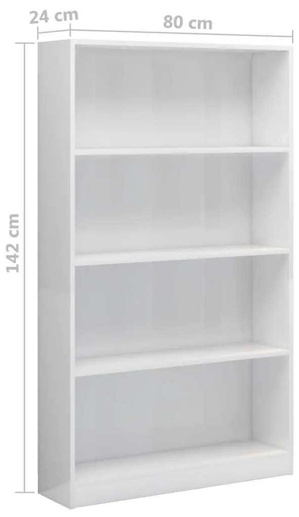 vidaXL Βιβλιοθήκη με 4 Ράφια Γυαλιστερό Λευκό 80x24x142 εκ Επεξ. Ξύλο