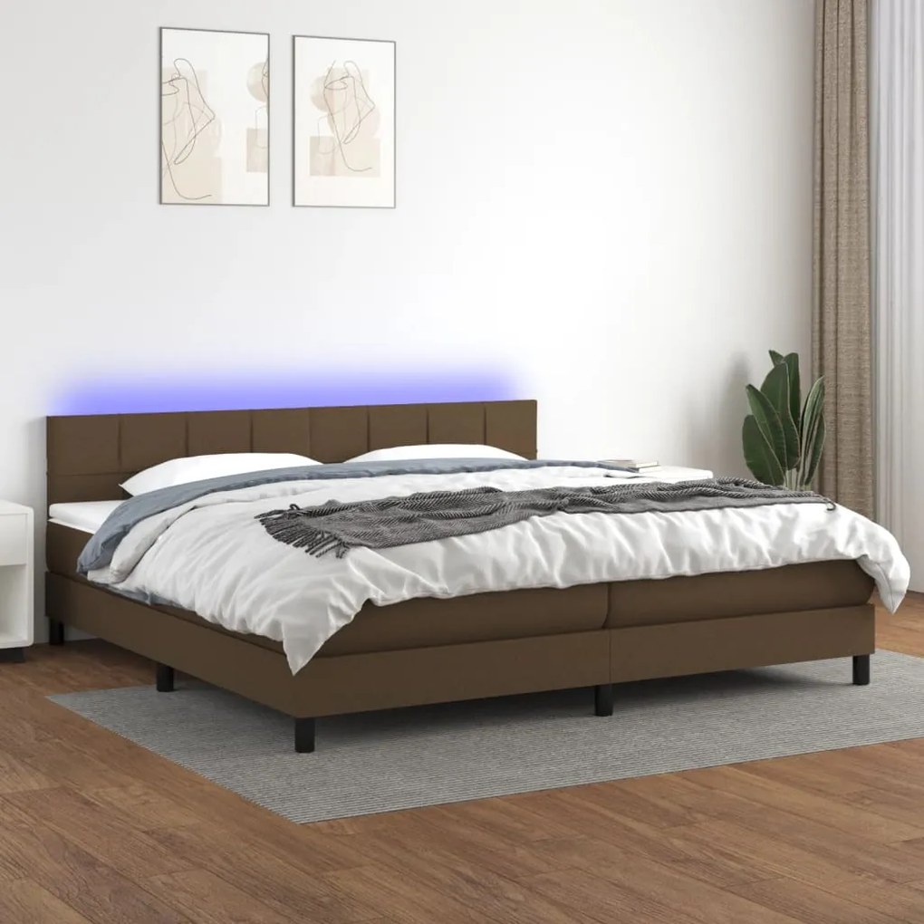 Κρεβάτι Boxspring με Στρώμα &amp; LED Σκ.Καφέ 200x200 εκ Υφασμάτινο