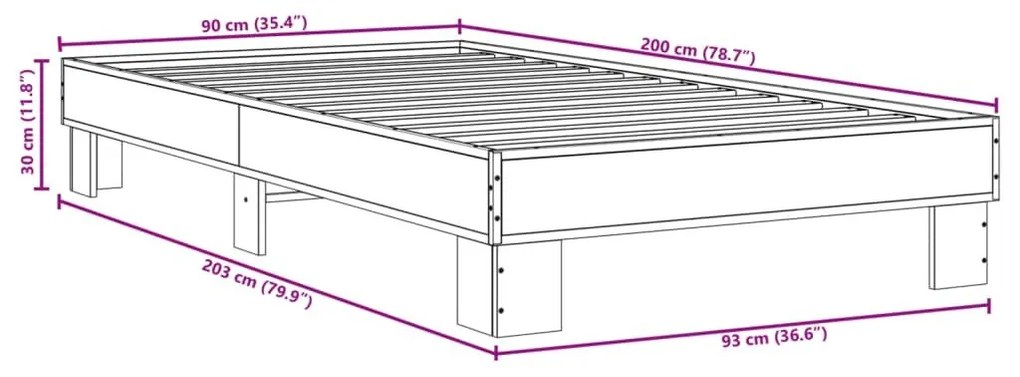 Πλαίσιο Κρεβατιού Καφέ Δρυς 90x200 εκ. Επεξ. Ξύλο &amp; Μέταλλο - Καφέ