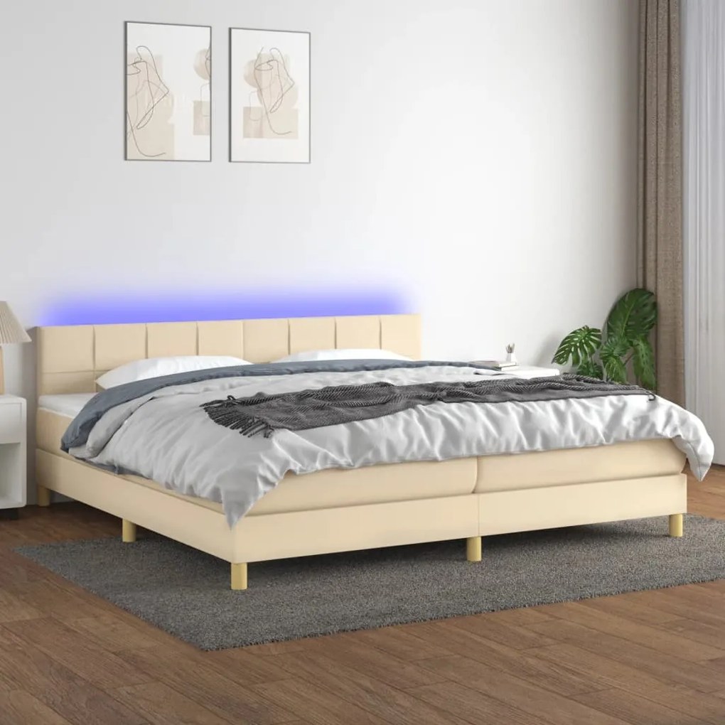 Κρεβάτι Boxspring με Στρώμα &amp; LED Κρεμ 200x200 εκ. Υφασμάτινο - Κρεμ