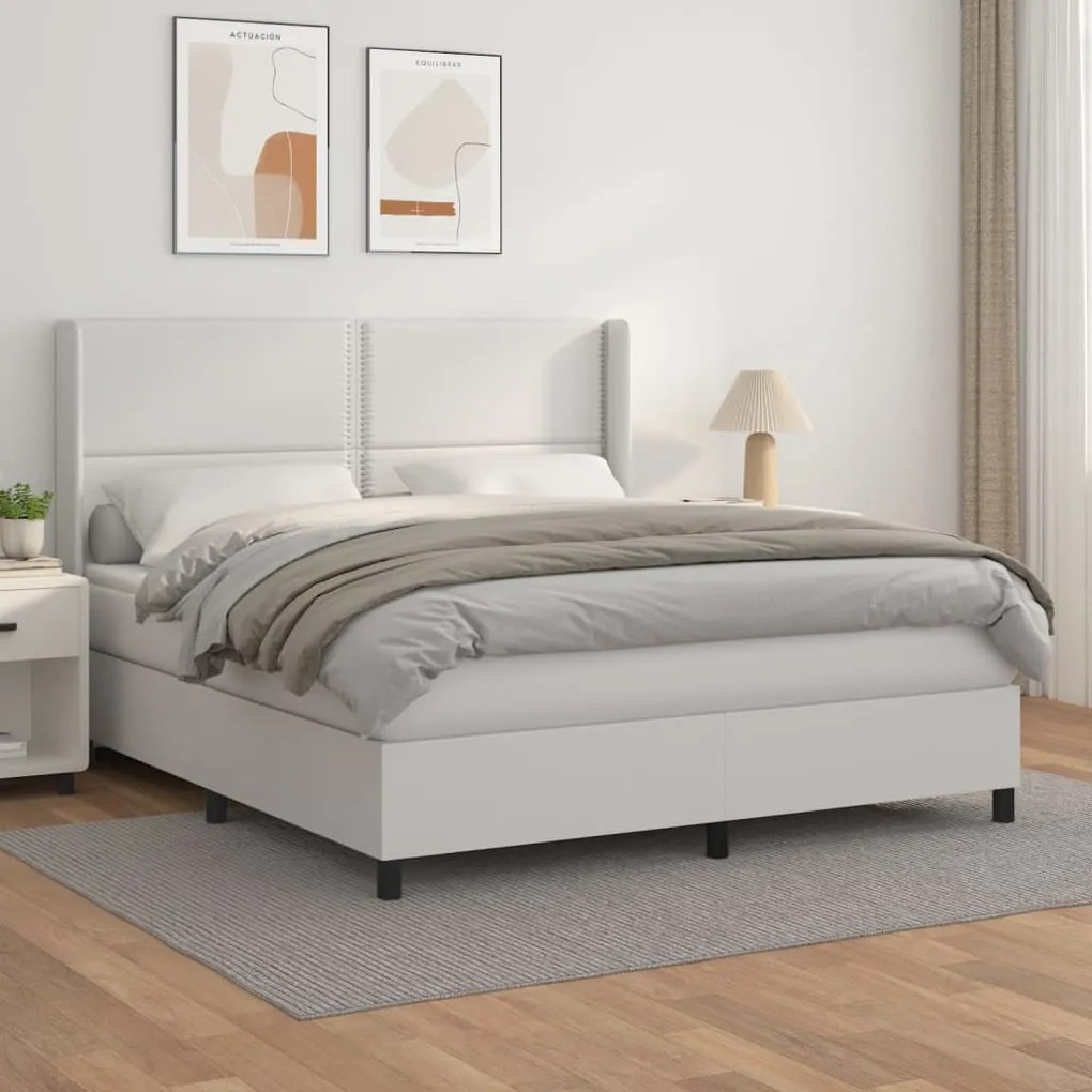 Κρεβάτι Boxspring με Στρώμα Λευκό 180x200 εκ. Συνθετικό Δέρμα - Λευκό