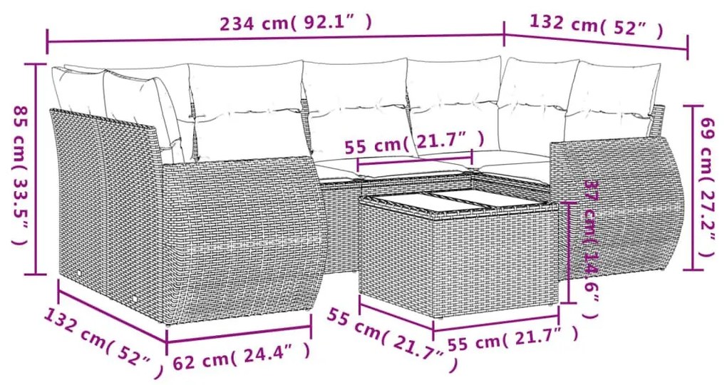 Σαλόνι Κήπου Σετ 7 Τεμαχίων Καφέ Συνθετικό Ρατάν με Μαξιλάρια - Καφέ