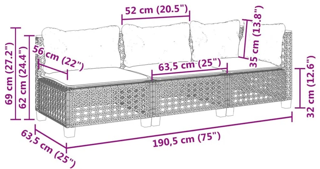 Καναπές Κήπου Τριθέσιος Γκρι από Συνθετικό Ρατάν με Μαξιλάρια - Γκρι