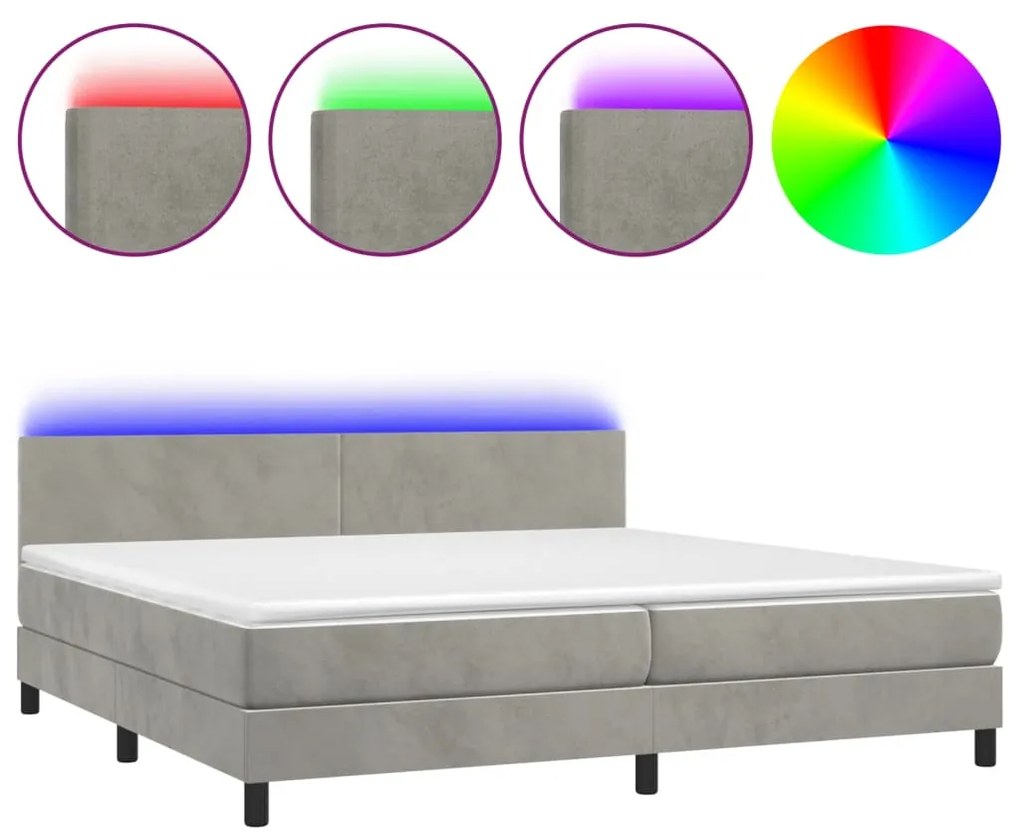 vidaXL Κρεβάτι Boxspring με Στρώμα & LED Αν.Γκρι 200x200 εκ. Βελούδινο