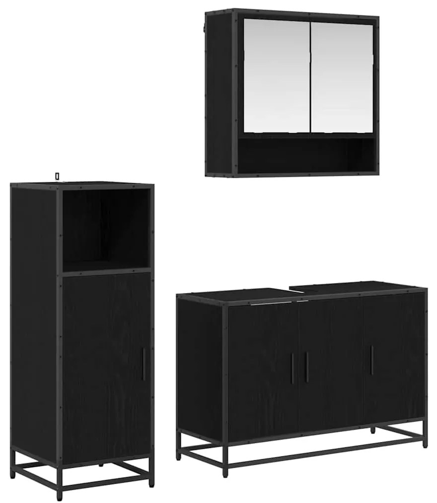 vidaXL Σετ Επίπλων Μπάνιου με ράφι 3 pcs Μαύρη Οξυά Επεξεργασμένο ξύλο