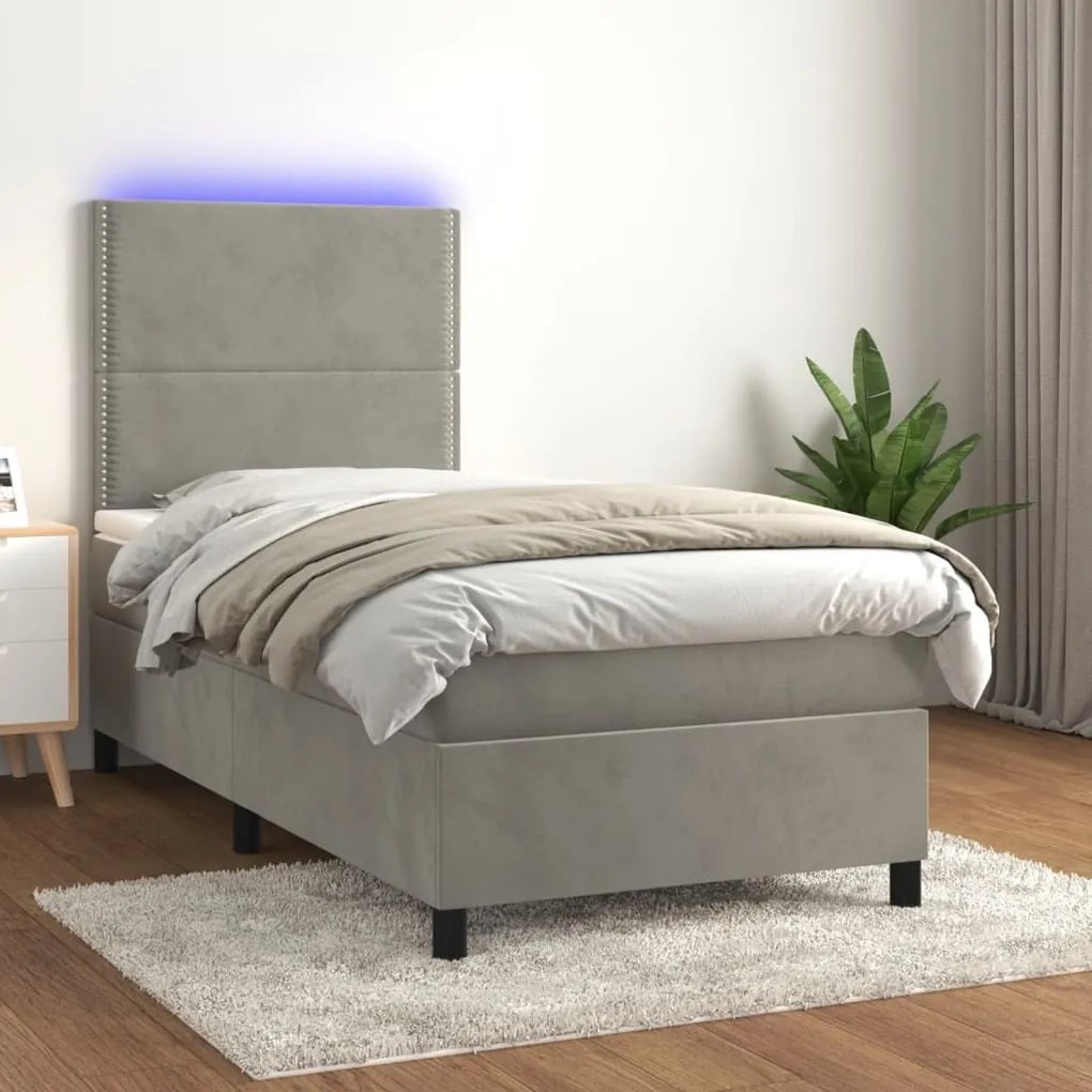 vidaXL Κρεβάτι Boxspring με Στρώμα &amp; LED Αν.Γκρι 90x190 εκ. Βελούδινο