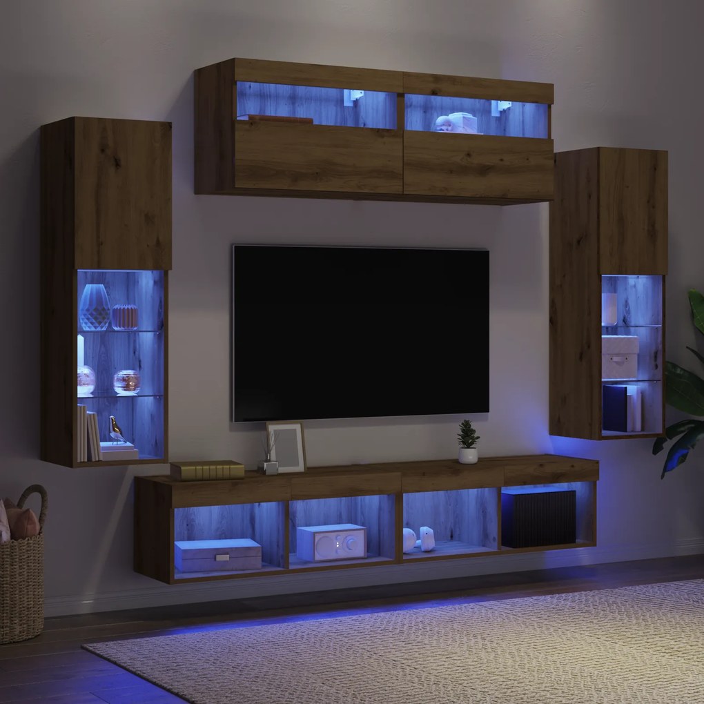 vidaXL Ντουλάπες Τοίχου Τηλεόρασης με LED Φώτα 2 τεμάχια Ξύλο Καλλιτέχνη 80x30x30 εκ