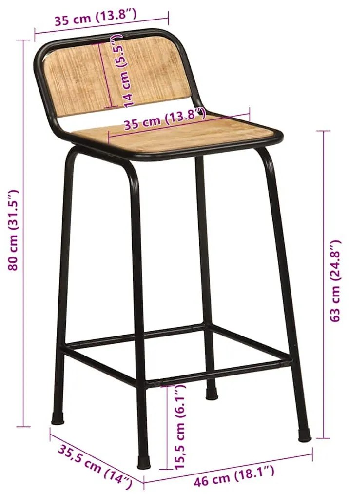 Bar Stools 2 τεμάχια 46x35,5x80 cm Στερεό ξύλο Rough Mango - Καφέ