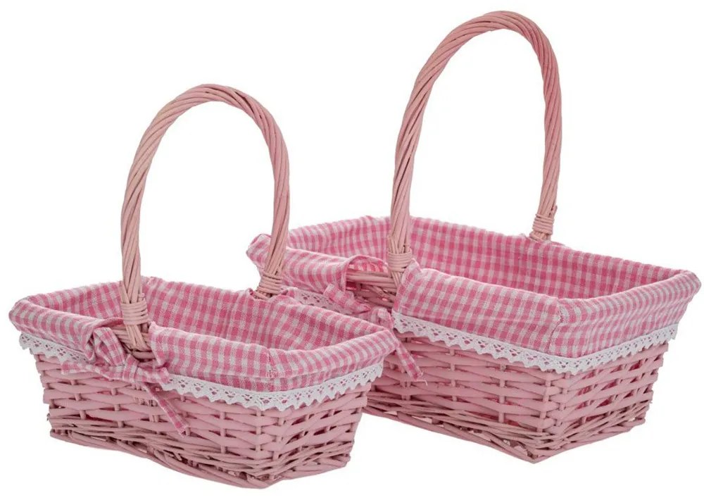 Καλάθι Με Ύφασμα (Σετ 2Τμχ) 89534 30x22x12/30-25x15x10/25cm Pink Ύφασμα,Ψάθα
