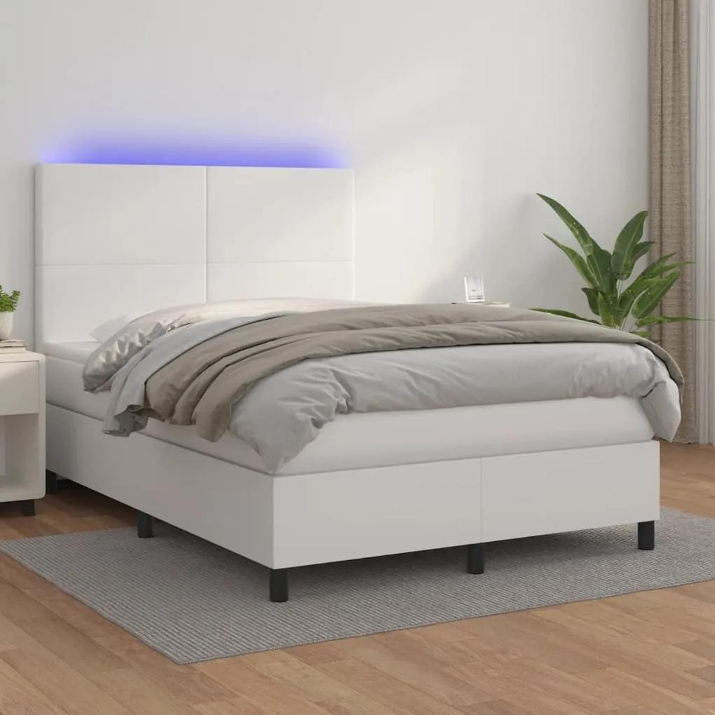 Κρεβάτι Boxspring με Στρώμα &amp; LED Λευκό 140x200 εκ. Συνθ. Δέρμα - Λευκό