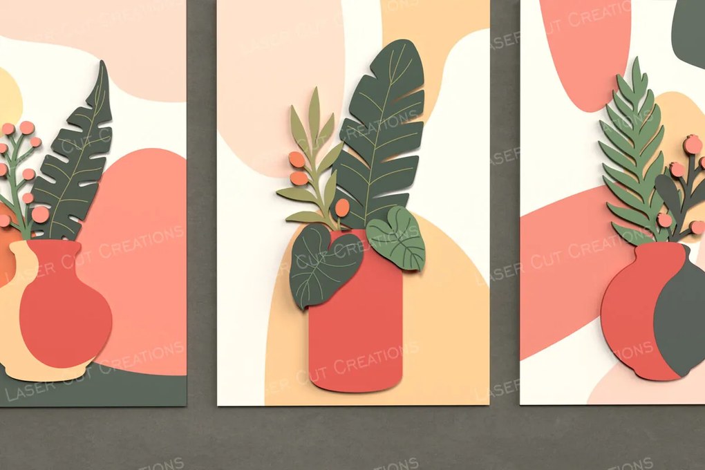 Σετ των 2 Intra απο ξύλο plywood 3mm-4mm πάχος Boho Vase & Leaves Wall Art Δίασταση 40x40 cm INTRAFABR-125219667