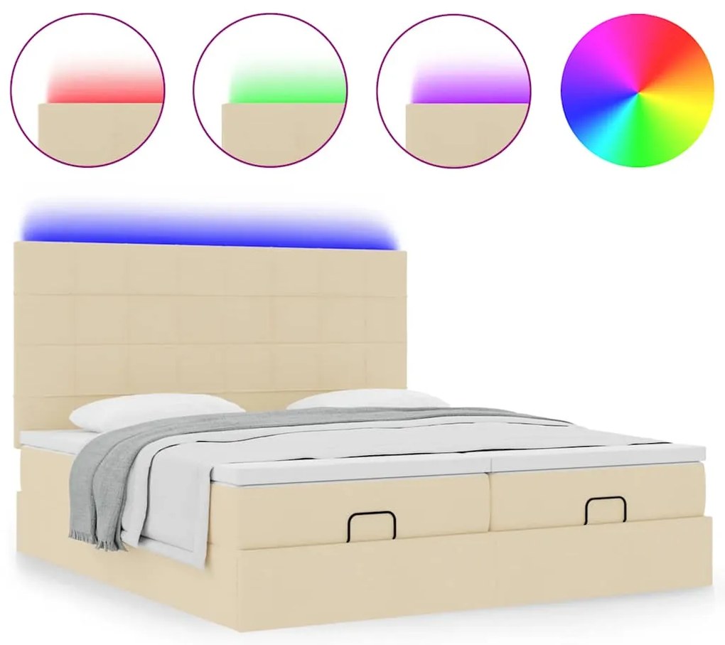 vidaXL Οθωμανικό κρεβάτι με στρώματα & LEDs Κρέμα 200x200cm ύφασμα