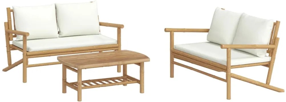 vidaXL Σαλόνι Κήπου Σετ 3 τεμ. από Μπαμπού με Λευκά Κρεμ Μαξιλάρια