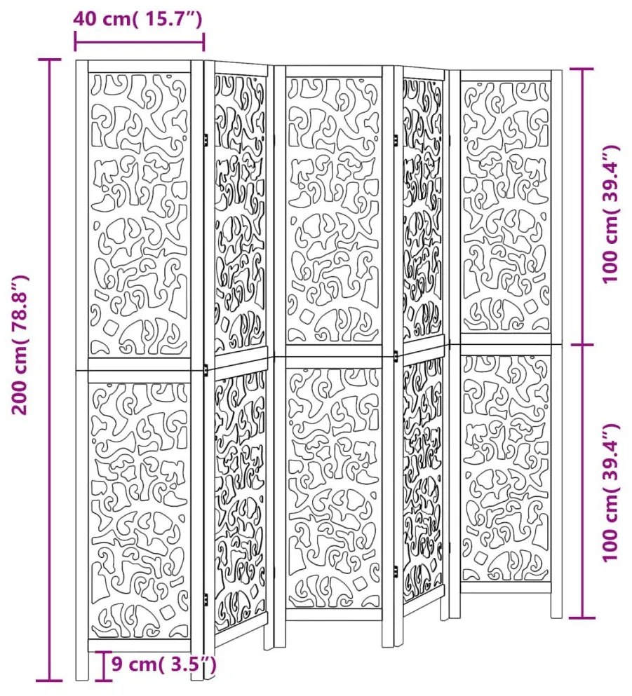 Διαχωριστικό Χώρου με 5 Πάνελ Μαύρο από Μασίφ Ξύλο Παυλώνιας - Μαύρο