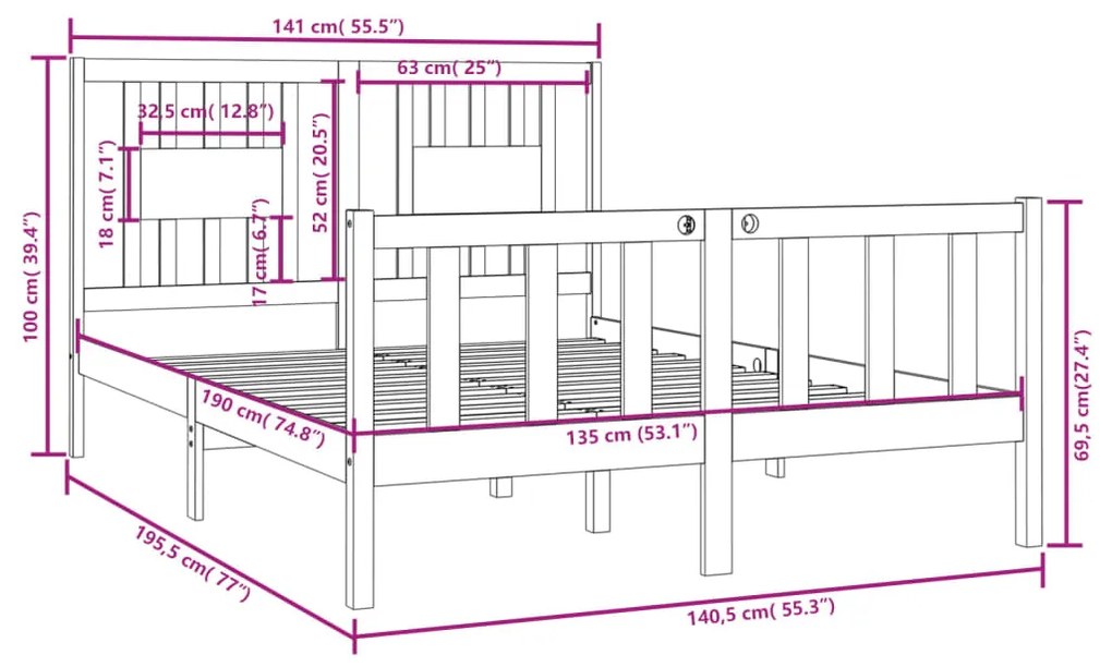 ΠΛΑΙΣΙΟ ΚΡΕΒΑΤΙΟΥ 135 X 190 ΕΚ. ΑΠΟ ΞΥΛΟ ΠΕΥΚΟΥ 4FT6 DOUBLE 3104103