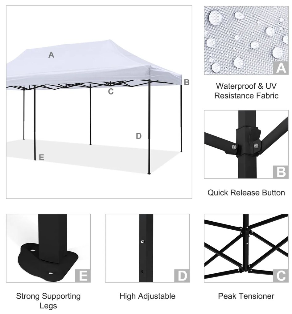 Κιόσκι Gazebo MATTHEW C6312 Πτυσσόμενο Μαύρο Μεταλλικό &amp; Λευκό Ύφασμα 3x6x3,10Yμ.