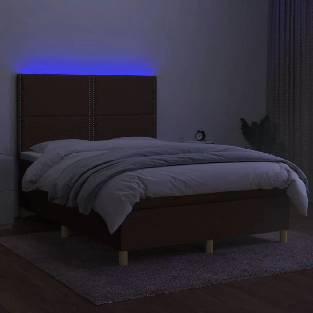 Κρεβάτι Boxspring με Στρώμα &amp; LED Σκ.Καφέ 140x200 εκ Υφασμάτινο - Καφέ