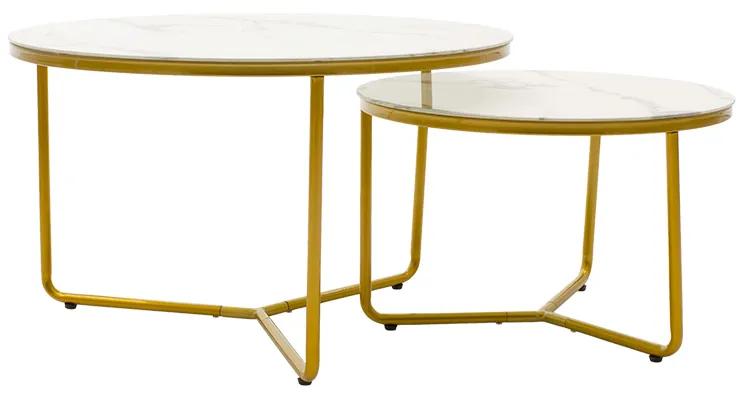 Τραπέζια σαλονιού Paris pakoworld σετ 2 τμχ γυαλί 8mm σχέδιο μαρμάρου-χρυσό - Γυαλί - 029-000091