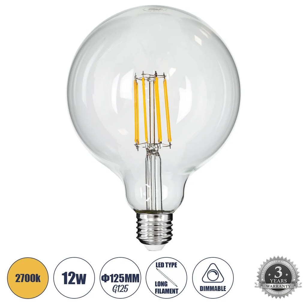 GloboStar® 99014 Λάμπα LED Long Filament E27 G125 Γλόμπος 12W 1200lm 360° AC 220-240V IP20 Φ12.5 x Υ18cm Θερμό Λευκό 2700K με Διάφανο Γυαλί - Dimmable - 3 Years Warranty