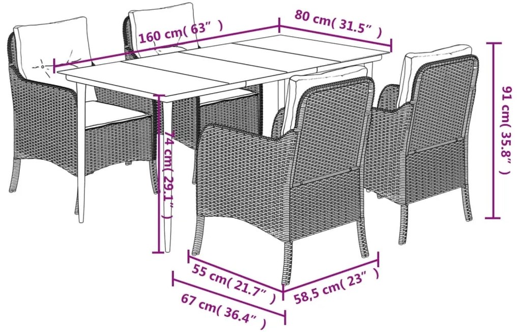 vidaXL Σετ Τραπεζαρίας Κήπου 5 Τεμαχίων Μαύρο Συνθ. Ρατάν με Μαξιλάρια