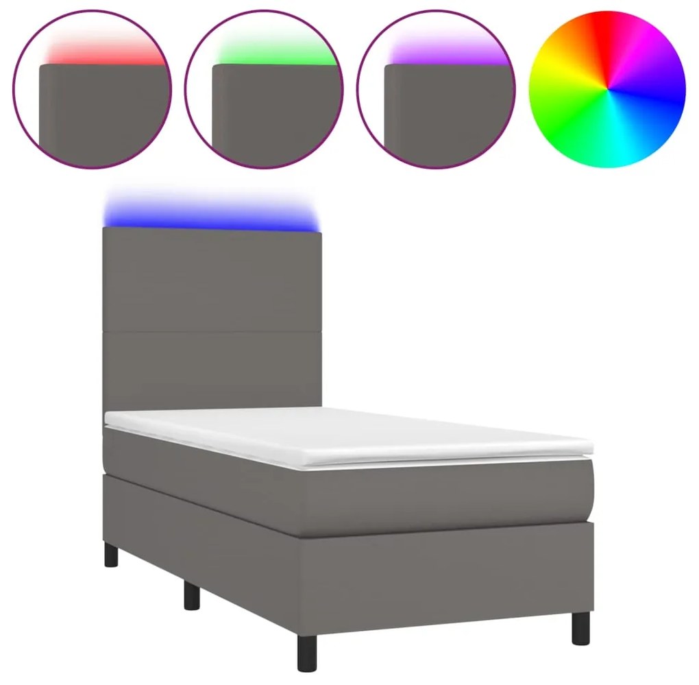 vidaXL Κρεβάτι Boxspring με Στρώμα & LED Γκρι 100x200 εκ. Συνθ. Δέρμα