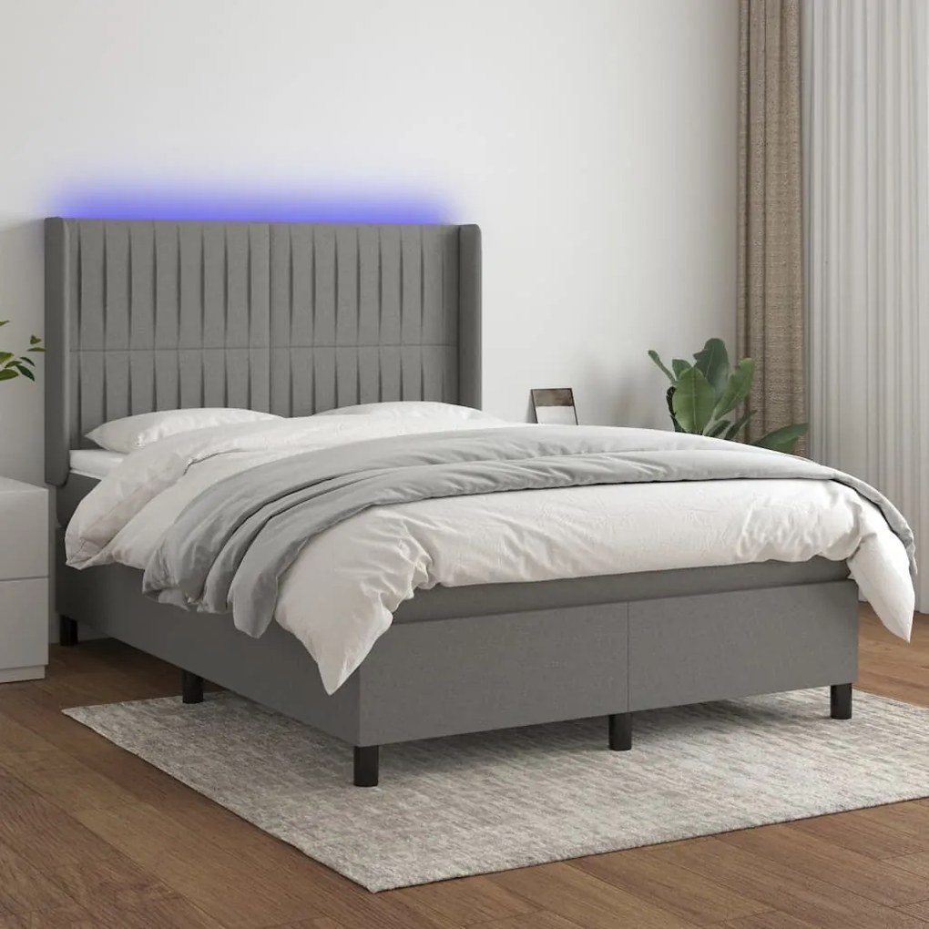 Κρεβάτι Boxspring με Στρώμα &amp; LED Σκ.Γκρι 140x200 εκ Υφασμάτινο