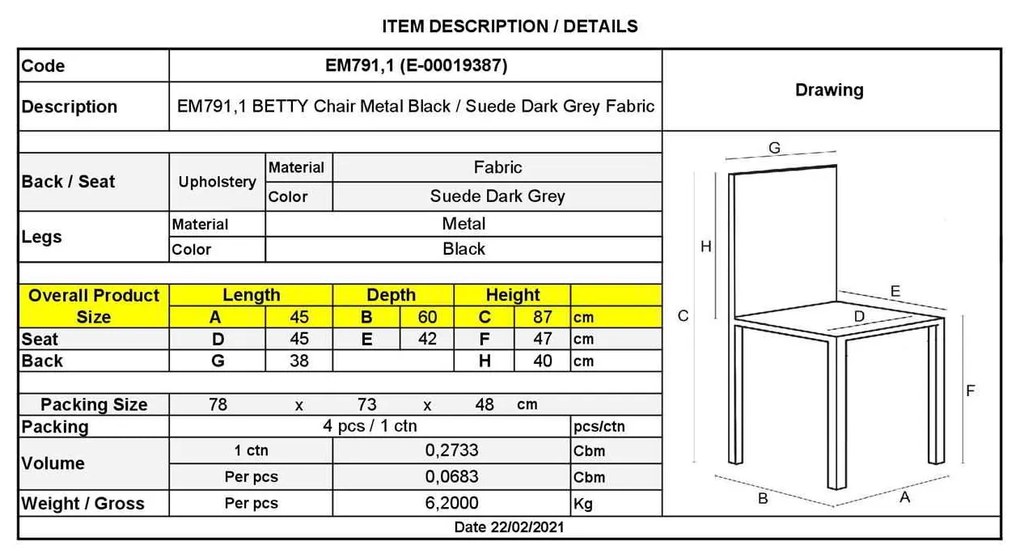 Καρέκλα Μεταλλική BETTY Μαύρη/Ύφασμα Suede Ανθρακί 45x60x87cm (Σετ 4 ΤΕΜ)