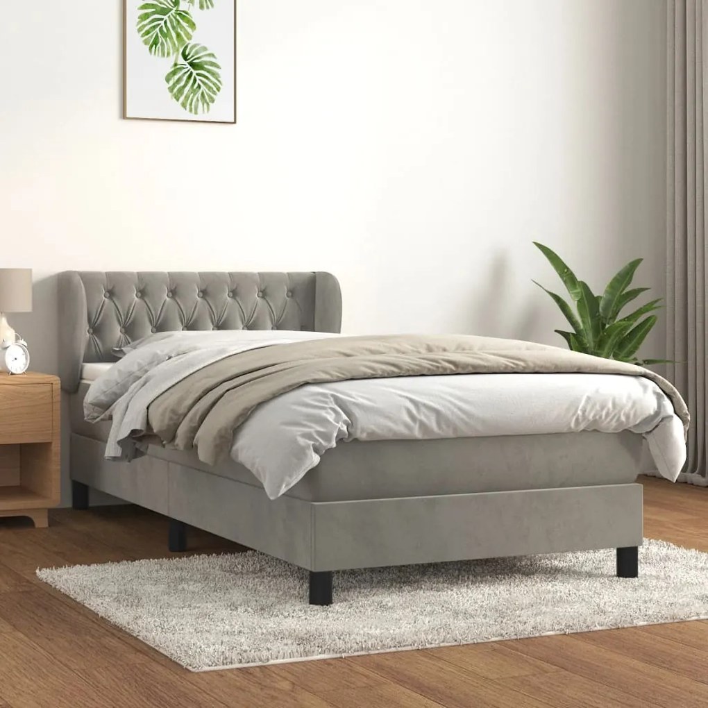 vidaXL Κρεβάτι Boxspring με Στρώμα Ανοιχτό Γκρι 90x190 εκ. Βελούδινο