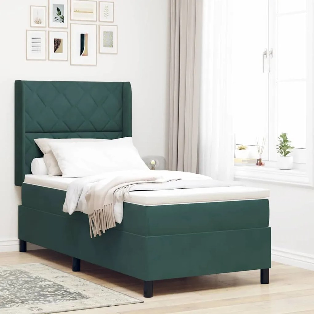 vidaXL Κρεβάτι με ελατήρια Σκούρο πράσινο 90 x 190 cm Βελούδο