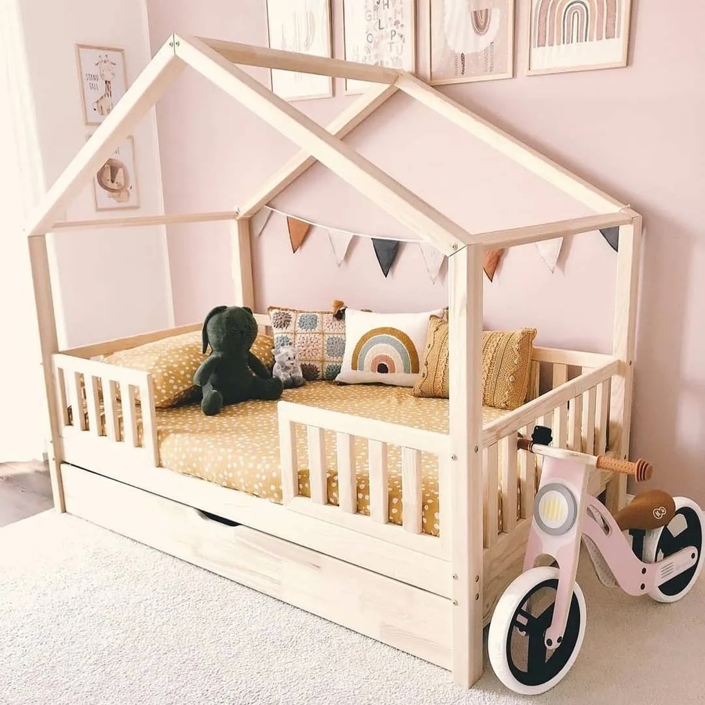 Κρεβάτι Παιδικό Montessori House Bed Duo Plus με κάγκελα 30cm  +  Συρτάρι  Ύπνου σε Φυσικό  Ξύλο  90×190cm  Luletto (Δώρο 10% έκπτωση στο Στρώμα)