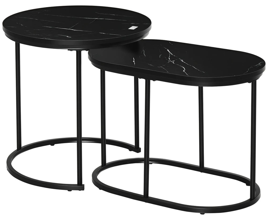 HOMCOM Σετ 2 τραπεζιών σαλονιού, Οβάλ και στρογγυλό τραπέζι καφέ, στοιβαζόμενα, όψη μαρμάρου, MDF, μέταλλο, Ø50 x 50,5Υ cm, Μαύρο
