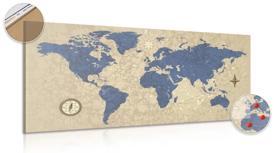 Εικόνα στον παγκόσμιο χάρτη φελλού με πυξίδα σε στυλ ρετρό - 100x50  arrow