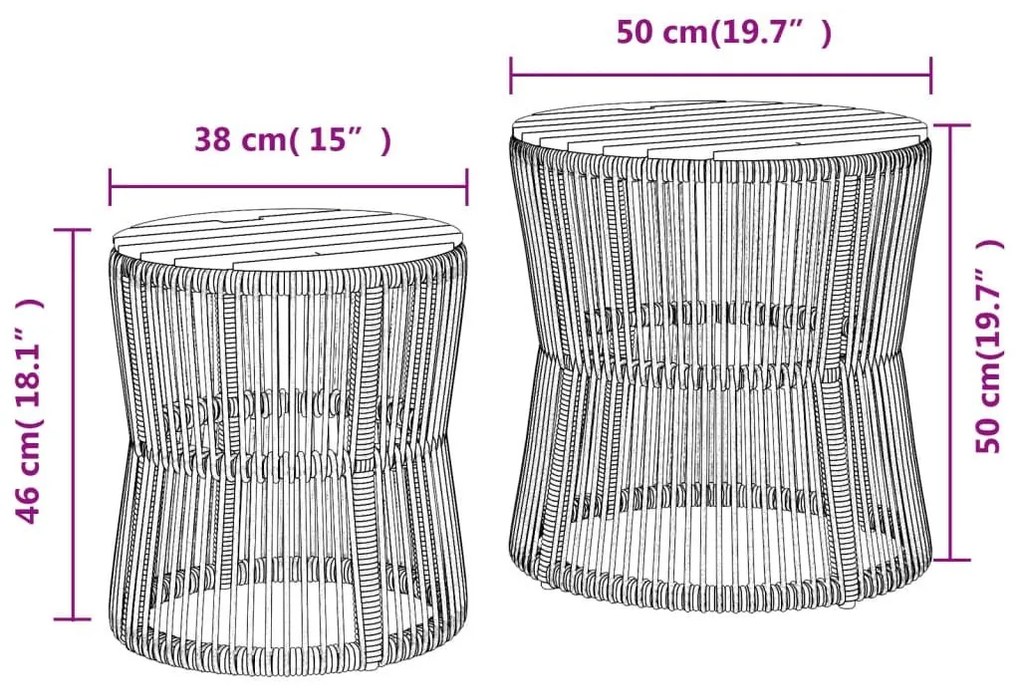 Τραπεζάκια Κήπου 2 τεμ. Μαύρα Συνθ. Ρατάν με Ξύλινη Επιφάνεια - Μαύρο