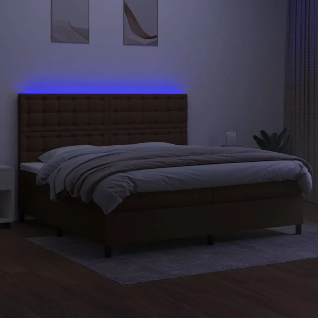 vidaXL Κρεβάτι Boxspring με Στρώμα & LED Σκ.Καφέ 200x200εκ. Υφασμάτινο