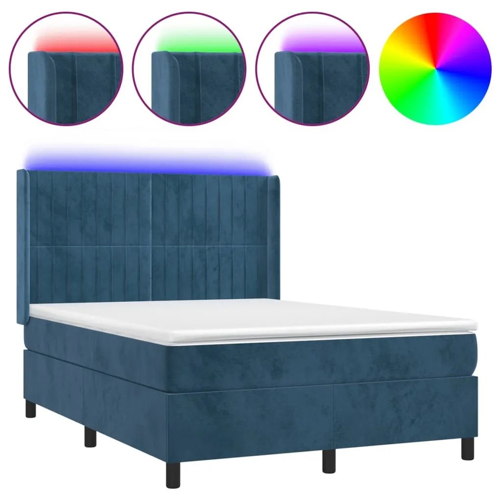 Κρεβάτι Boxspring με Στρώμα &amp; LED Σκ. Μπλε 140x190εκ. Βελούδινο - Μπλε