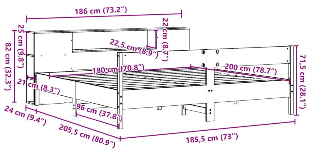 Κρεβάτι Βιβλιοθήκη Χωρίς Στρώμα 180x200 εκ Μασίφ Ξύλο Πεύκου - Καφέ